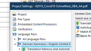 Screenshot of Trados Studio project settings showing the selected language pair German (Germany) to English (United Kingdom).