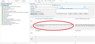 Screenshot of Trados Studio with a red circle highlighting an error message stating 'No translation unit found in Translation Memory for the current segment.'