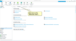 Screenshot of Trados Studio interface showing the Welcome View with a highlighted section labeled 'Click here in the Welcome View' pointing to tutorials and resources.