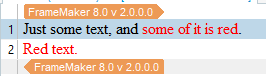 Screenshot of Trados Studio displaying text with no apparent issues, containing the phrase 'Red text.' in FrameMaker v 8.0 v 2.0.0.