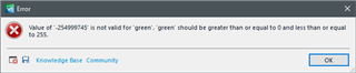 Error message in Trados Studio stating 'Value of '#$@#%#$' is not valid for 'green'; 'green' should be greater than or equal to 0 and less than or equal to 255.'