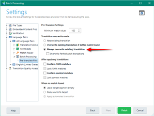 Trados Studio settings window showing Pre-translate settings with 'Overwrite existing translation if better match found' option checked.