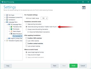 Trados Studio settings window with an arrow pointing to the 'Overwrite existing translation if better match found' option.