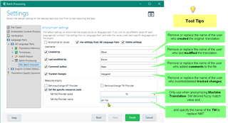 Trados Studio settings window for SDL Batch Anonymizer app with tool tips explaining how to remove or replace the name of the TM.