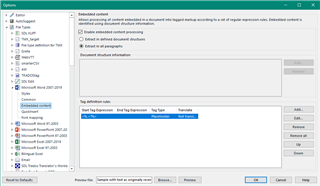 Trados Studio options window showing embedded content processor settings with options to enable or disable processing and define document structure.