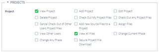 Trados Studio project permissions settings with options like View Project, Add Project, Edit Project, and others, some options are unchecked indicating restricted access.