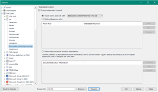 Screenshot of Trados Studio options menu with 'Embedded Content' selected and 'Default by name' option visible.