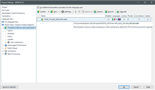 Trados Studio screenshot showing a Translation Memory (TM) with a warning triangle indicating it requires an upgrade. The upgrade button is grayed out and disabled.