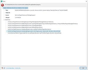 Error message in Trados Studio 2021 stating 'An unexpected error has occurred while loading the application plug-ins.' with a stack trace of file paths and methods listed below.