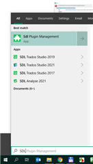 SDL Plugin Management window showing options for SDL Trados Studio 2019, SDL Trados Studio 2021, and SDL Analyse 2021.