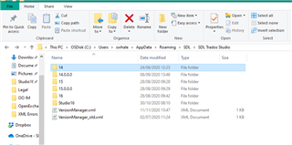 File Explorer window open to the SDL Trados Studio Plugins directory, showing folders for versions 14, 15, and 16, and two VersionManager files.