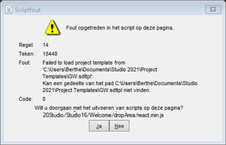 Error message in Trados Studio indicating 'Failed to load project template from C:UsersBertheDocumentsStudio 2021Project Templates.sdlproj' with a script error on the page.