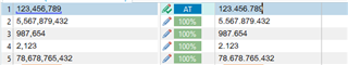 Screenshot of Trados Studio showing a table with two columns comparing numbers in different formats, all rows displaying a 100% match.