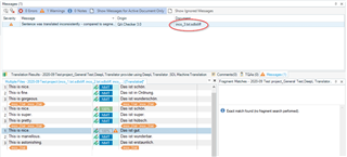 Trados Studio screenshot showing a message with a circled file tab indicating the file with a differing segment.