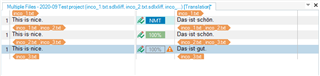 Trados Studio interface displaying filtered segments with inconsistent translations in orange and green.