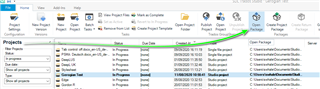 Trados Studio screenshot showing the 'Projects' view with a green arrow pointing to the 'Open Package' button on the ribbon menu.