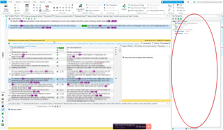 Screenshot of Trados Studio interface with an enlarged term recognition window on the right side, highlighted by a red ellipse.