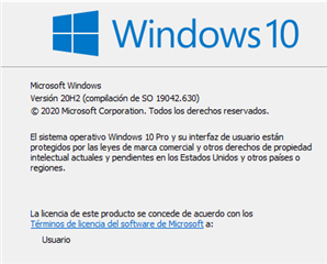Windows 10 version information showing Version 20H2 (OS build 19042.630) and copyright notice.