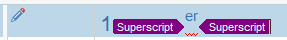 Trados Studio interface showing the use of superscript tags around the text '1er' with a pencil icon indicating editing.