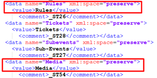 Screenshot of Trados Studio showing RESX file content with data names 'Rules', 'Tickets', 'Subevents', and 'Media' highlighted, each containing corresponding values and comments.