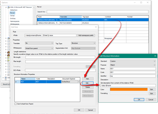 Trados Studio screenshot showing Document Structure Information settings with a red arrow pointing to the 'Add' button in the Structure Information Properties section.
