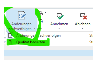 Trados Studio toolbar showing 'Track Changes' dropdown menu with options 'Track Changes' and 'Evaluate Quality' highlighted.