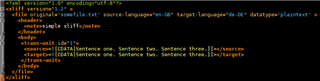 XML code with segmented sentences in Trados Studio, showing source language 'en' and target language 'de'.
