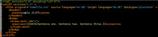 XML code with unsegmented sentences in Trados Studio, indicating only the source language 'en'.