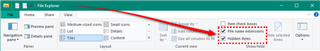Screenshot of File Explorer with the 'View' tab active and an arrow pointing to the 'File name extensions' and 'Hidden items' checkboxes, both are checked.