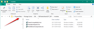 Screenshot of File Explorer showing the folder path 'C:ProgramDataPackage CacheSDLSDLTradosStudio2017_SR1modules' with files listed below.
