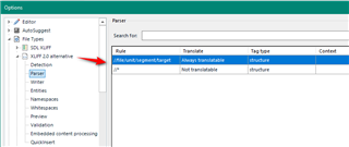 Trados Studio screenshot showing the Options menu with 'XLIFF 2.0 alternative' selected and a rule for 'File unitsegmenttarget' highlighted.