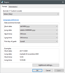 Windows Region settings dialog box with Format set to 'Italian (Italy)' showing date and time formats.