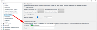 Trados Studio Options dialog box with Font Adaptation section highlighted, showing 'Add font rules' and 'Default font' settings for Korean language.