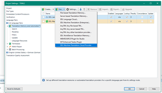 Trados Studio Project Settings window with Translation Memory and Automated Translation tab open, showing a list of installed plugins.