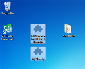 Desktop screenshot showing icons for Recycle Bin, SDL Trados Studio 2021, and two folders named 'SDL Community MT Cloud Provider' and 'MyMemory'.