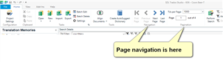 Screenshot of Trados Studio interface highlighting the page navigation area with a yellow arrow and text 'Page navigation is here'.