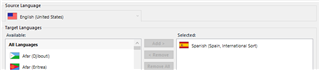 Screenshot of Trados Studio showing source language as English (United States) and target language as Spanish (Spain, Modern Sort).