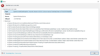 Detailed error message window in Trados Studio with type 'System.InvalidCastException' and a stack trace listing various system files.
