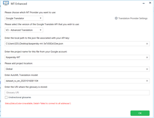 Trados Studio plugin error message displaying 'Status(StatusCode=Unavailable, Detail="failed to connect to all addresses")' at the bottom of the Translation Provider Settings window.