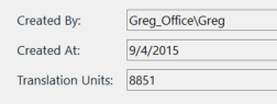 Translation memory properties showing 'Created By: Greg_OfficeGreg', 'Created At: 942015', and 'Translation Units: 8851'.