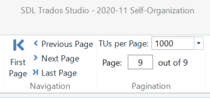 SDL Trados Studio pagination controls with 'Page: 9 out of 9' indicating the last page of the translation memory.