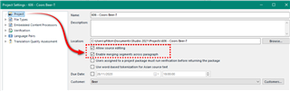 Trados Studio Project Settings window with a red arrow pointing to 'Enable merging segments across paragraph' option, which is unchecked.