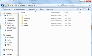 Screenshot of a Windows file explorer window showing the AppData folder contents with folders named Adobe, Microsoft, Temp, and WebEx but no SDL folder visible.