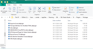 File Explorer window showing the directory C: Users yourname AppData Roaming SDL SDL Trados Studio 16 Plugins Packages with several SDL plugin files listed.