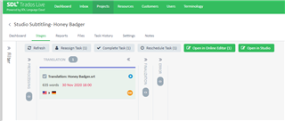Trados Live dashboard showing a project named 'Translation Honey Badger' with status icons indicating it is not yet assigned, not ready to translate, and has no tasks due.