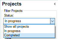 Trados Studio Projects view filter dropdown showing Status options: Show all projects, In progress, Completed.