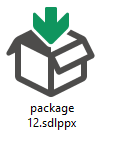 Icon of a package with a green downward arrow and the file name 'package 12.sdlppx' indicating a Trados Studio package file.