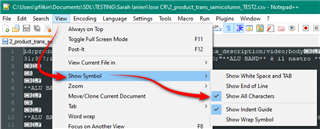 Screenshot showing the 'View' menu in Notepad++ with the 'Show Symbol' option expanded, highlighting the 'Show All Characters' feature.