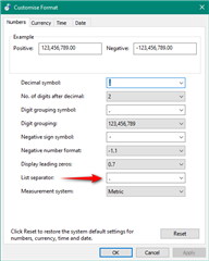 Screenshot of Windows Control Panel Customize Format dialog box with the list separator option highlighted, showing a change from comma to semicolon.