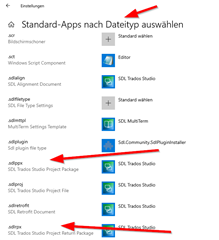 Windows control panel showing SDL Trados Studio as the default application for SDLPPX and SDLRPX file types, with red arrows pointing to them.